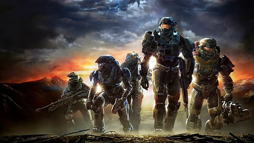 Halo Reach Noble Team Spartans Marching Through a Stormy Battlefield at Sunset HD wallpaper