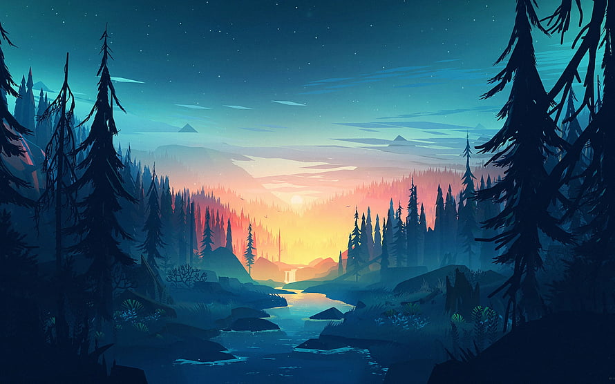 Serene Pine Forest at Sunset with River and Distant Mountains HD wallpaper