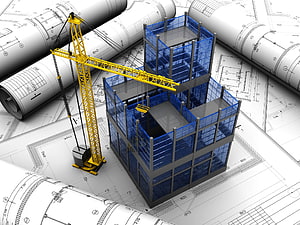 3D Architectural Model of Multi-Story Building Under Construction with Tower Crane and Blue Glass Facade HD wallpaper