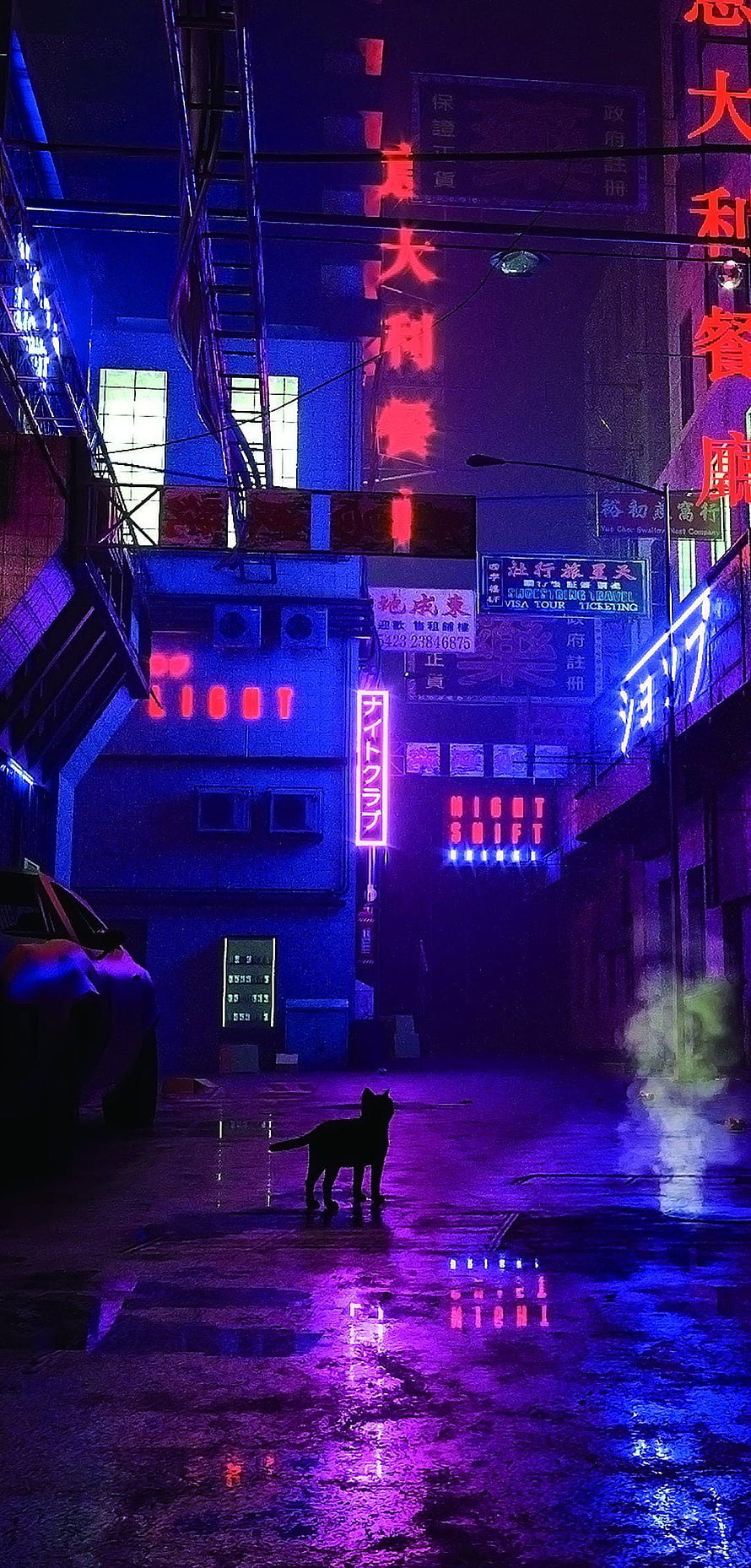 Cyberpunk Alleyway With Neon Signs And A Silhouette Cat HD phone wallpaper