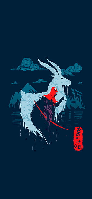 Princess Mononoke Ashitaka Riding White Deer in Stylized Japanese Art HD phone wallpaper
