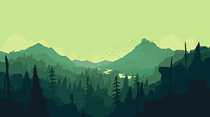 Firewatch Minimalist Mountain Landscape with Lone Figure and Pine Forest HD wallpaper