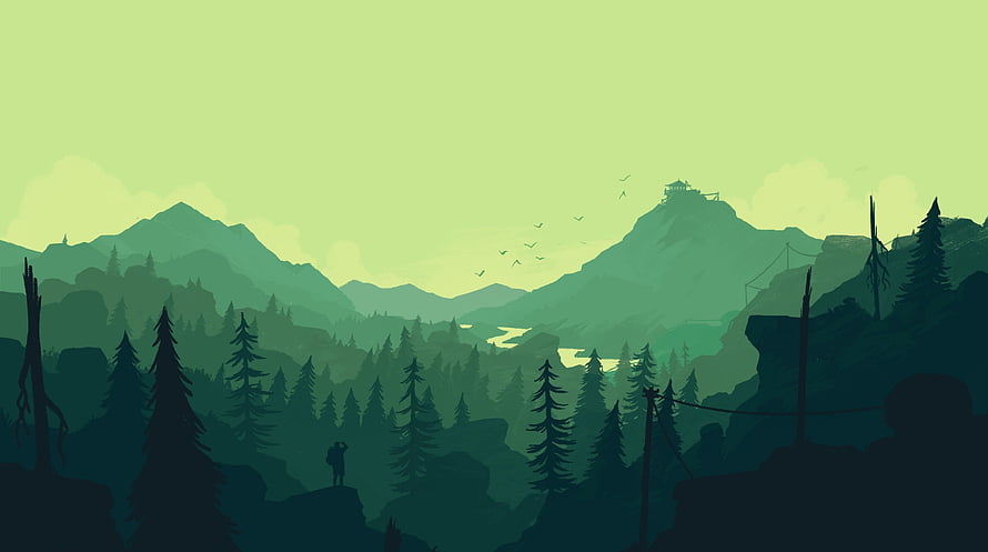 Firewatch Minimalist Mountain Landscape with Lone Figure and Pine Forest HD wallpaper