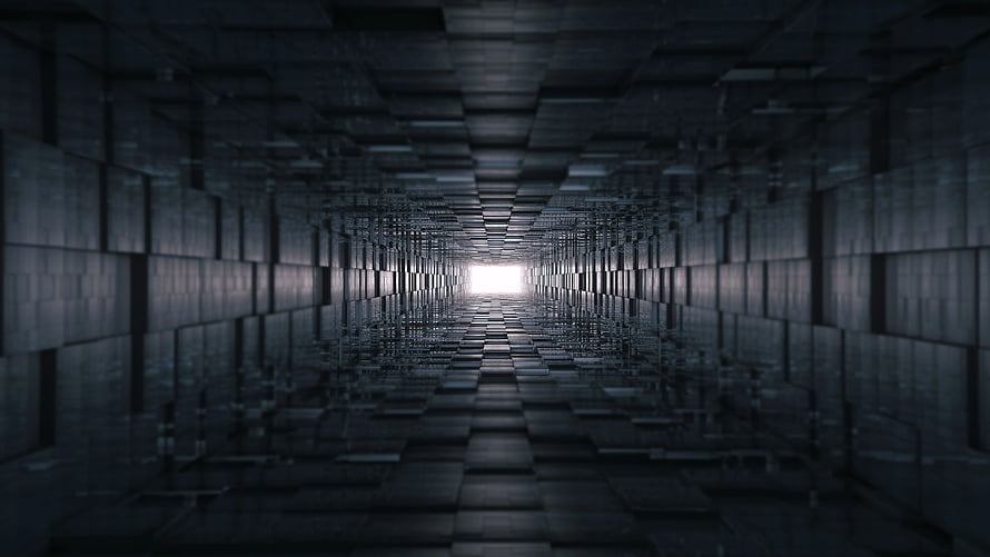 Futuristic Dark Corridor With Glowing Light At The End HD wallpaper
