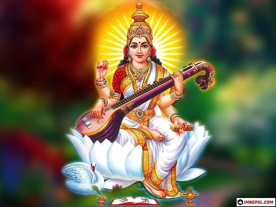 Saraswati Goddess Playing Veena on White Lotus Flower Hindu Deity Wallpaper HD wallpaper