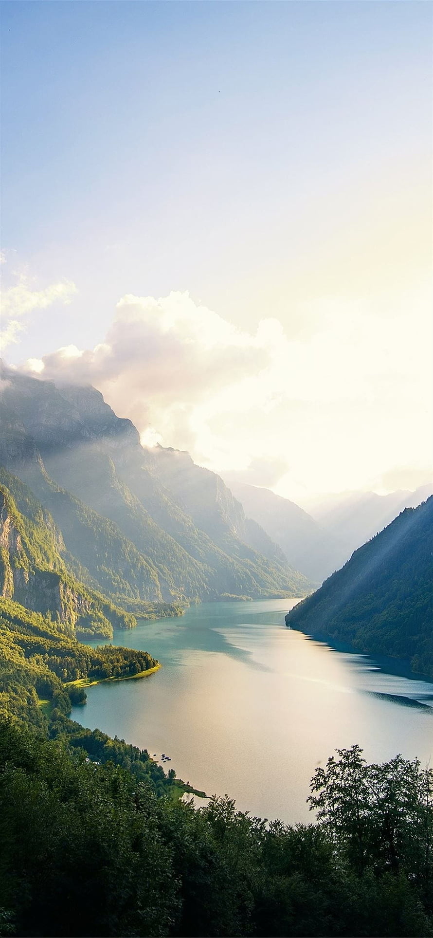Misty Alpine Lake Valley in the Swiss Mountains at Sunrise HD phone wallpaper
