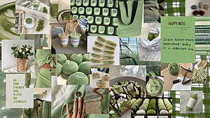 Green Aesthetic Mood Board Featuring Matcha, Pastel Fashion, and Minimalist Lifestyle Elements HD wallpaper