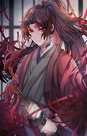 Yoriichi Tsugikuni from Demon Slayer in Traditional Attire with Sword and Red Energy HD phone wallpaper