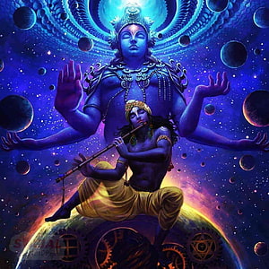 Cosmic Krishna Playing Flute With Giant Vishnu In Space HD phone wallpaper