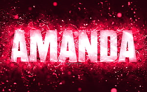 Amanda Name in Glowing White Text Against a Vibrant Pink Neon Particle Background HD wallpaper