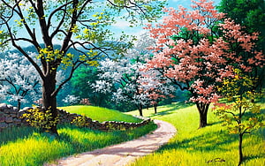 Serene Spring Landscape Painting with Blooming Cherry Blossoms and Winding Path HD wallpaper