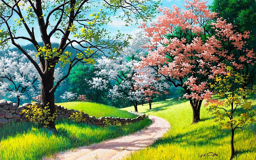 Serene Spring Landscape Painting with Blooming Cherry Blossoms and Winding Path HD wallpaper