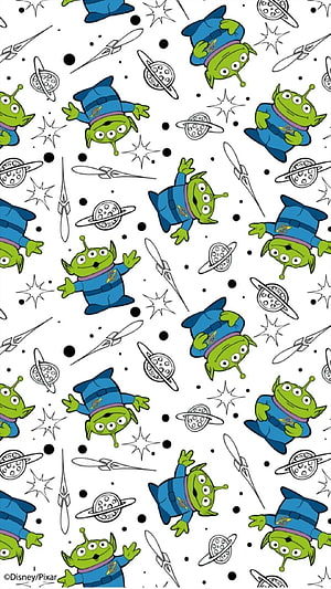 Toy Story Alien Pattern Wallpaper with Space Elements and Disney Pixar Characters HD phone wallpaper