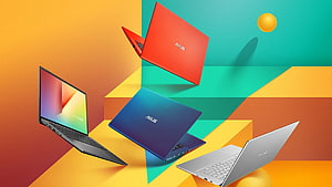 ASUS VivoBook Laptops in Vibrant Colors on Geometric Background HD wallpaper