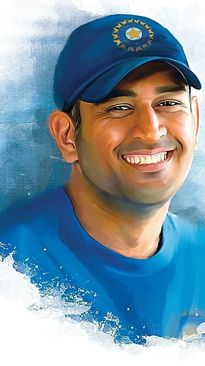 Digital Art Portrait of Smiling Indian Cricketer MS Dhoni in Blue Jersey and Cap HD phone wallpaper