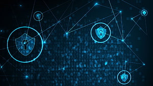 Cybersecurity Network Protection Concept with Digital Shield Icons and Binary Code Background HD wallpaper