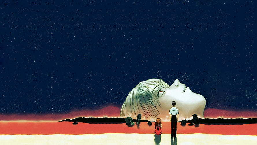 Neon Genesis Evangelion Shinji and Asuka Gazing at Giant Rei Statue Under Starry Night Sky HD wallpaper
