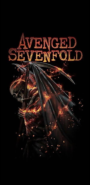 Avenged Sevenfold flaming skull and scythe artwork on black background HD phone wallpaper