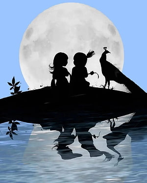Silhouette of Two Children and a Peacock Sitting on a Log Against a Giant Full Moon with Water Reflection HD phone wallpaper