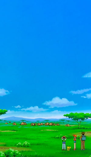 Ash Ketchum, Misty, Brock, and Pikachu Watching Elephants in the African Savanna HD phone wallpaper