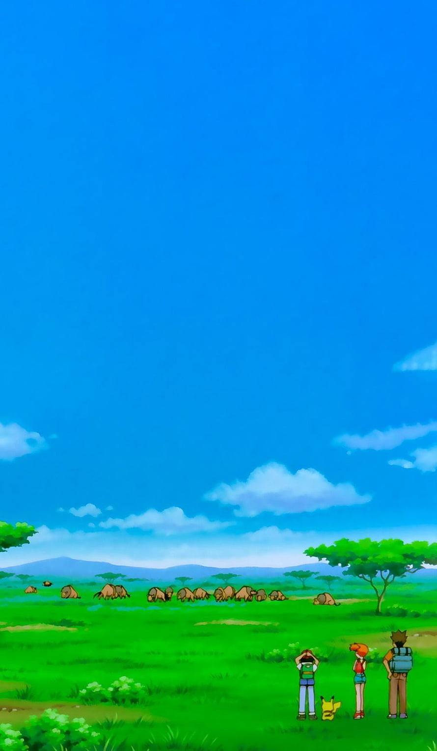 Ash Ketchum, Misty, Brock, and Pikachu Watching Elephants in the African Savanna HD phone wallpaper