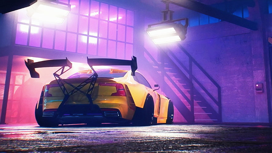 Need For Speed Heat Yellow Supercar with Large Rear Wing in Neon Lit Garage HD wallpaper