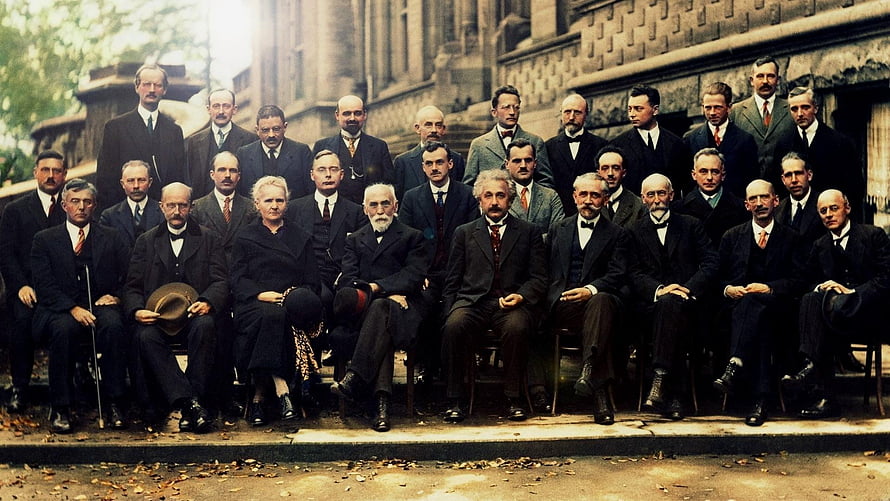 Colorized Group Portrait of the 1927 Solvay Conference Featuring Albert Einstein HD wallpaper