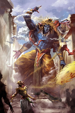 Blue Skinned Mythical Giant Warrior with Golden Crown and Magic Energy HD phone wallpaper