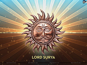 Lord Surya Sun God Icon with Radiant Golden Rays and Bronze Face HD wallpaper
