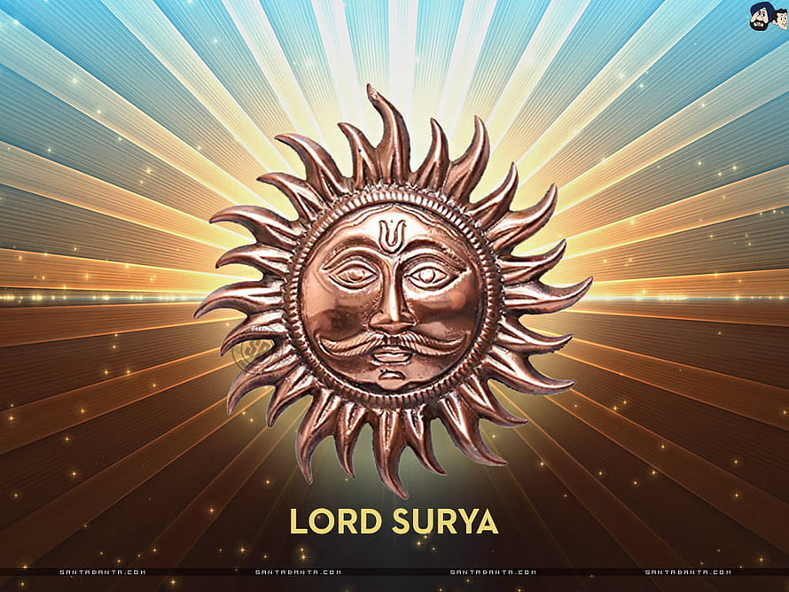 Lord Surya Sun God Icon with Radiant Golden Rays and Bronze Face HD wallpaper