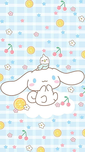 Cute Cinnamoroll and Bird on Cloud with Pastel Gingham Background HD phone wallpaper