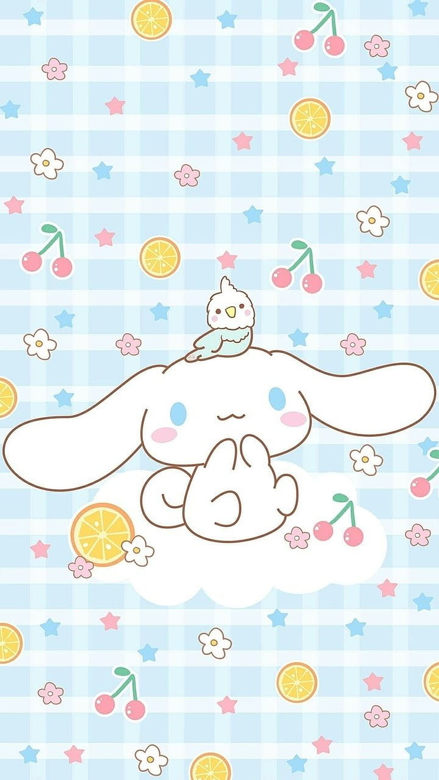 Cute Cinnamoroll and Bird on Cloud with Pastel Gingham Background HD phone wallpaper