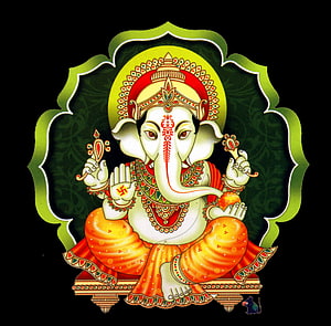 Lord Ganesha Hindu Deity Illustration with Mouse Vahana on Black Background HD wallpaper