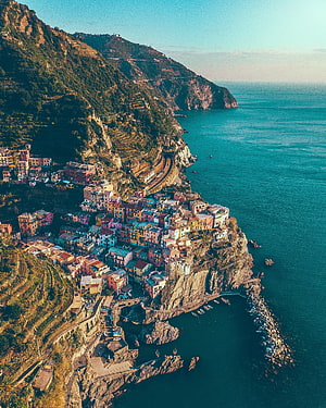 Manarola Cinque Terre Coastal Village Aerial View with Train and Mediterranean Sea HD phone wallpaper