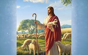Jesus as the Good Shepherd Holding a Lamb in a Pastoral Landscape HD wallpaper