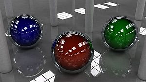 Three Reflective Glass Spheres in Blue Red and Green Within a Minimalist 3D Rendered Room HD wallpaper