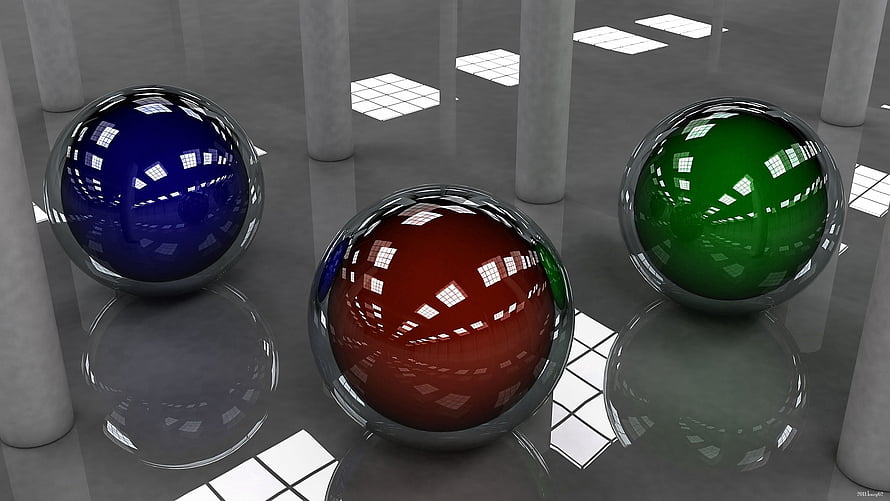 Three Reflective Glass Spheres in Blue Red and Green Within a Minimalist 3D Rendered Room HD wallpaper