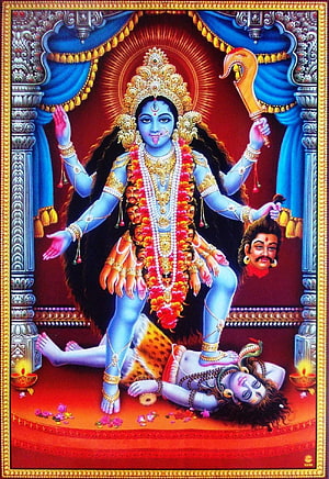 Kali Maa Hindu Goddess Artwork with Blue Skin, Garland of Heads, and Trishula HD phone wallpaper
