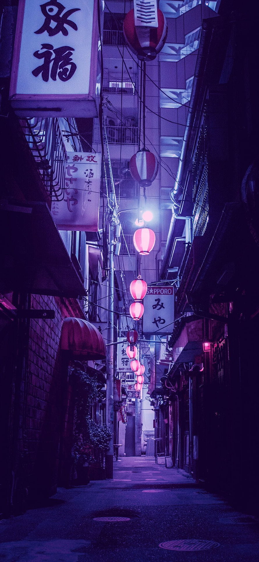 Neon-lit Japanese alleyway at night with hanging red lanterns and traditional signage HD phone wallpaper