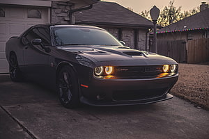 Black Dodge Challenger SRT Hellcat parked in a driveway at dusk with headlights on HD wallpaper