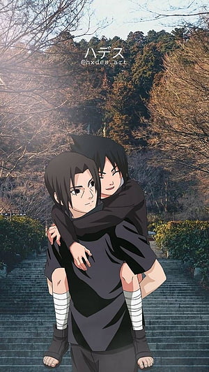Sasuke Uchiha Carrying Younger Sasuke on Stairs in Forest HD phone wallpaper
