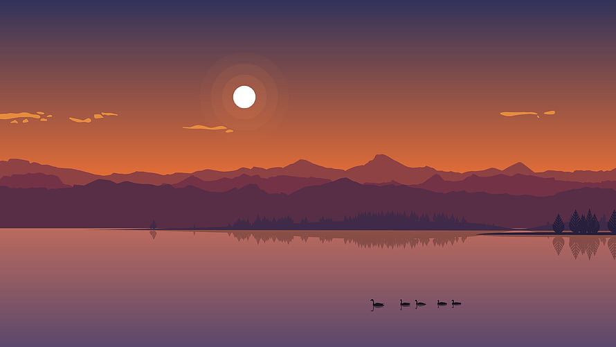 Minimalist Flat Design Lake Sunset with Mountain Silhouettes and Geese HD wallpaper