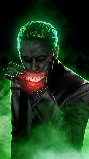 Jared Leto Joker Portrait With Green Hair And Red Smile HD phone wallpaper