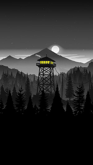 Moody Nighttime Fire Watch Tower in a Dark Pine Forest with Full Moon and Mountain Silhouettes HD phone wallpaper
