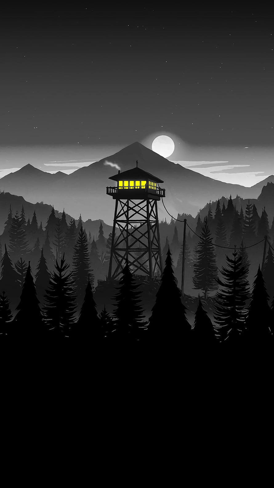 Moody Nighttime Fire Watch Tower in a Dark Pine Forest with Full Moon and Mountain Silhouettes HD phone wallpaper