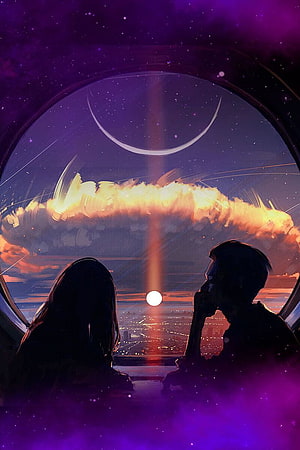 Silhouetted Couple Watching Cosmic Sunset Through Space Window HD phone wallpaper