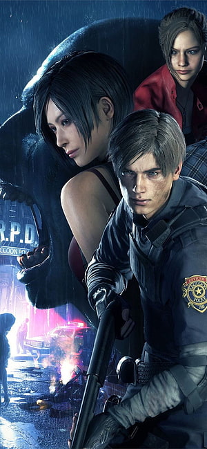 Resident Evil 2 Remake Key Art Featuring Leon S Kennedy and Claire Redfield in Rainy Raccoon City HD phone wallpaper