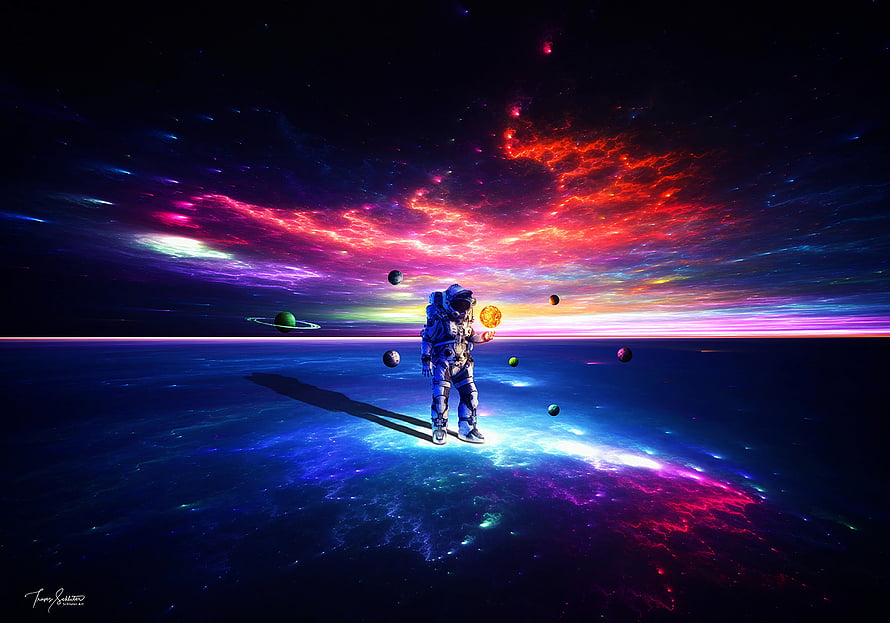 Astronaut Standing on a Glowing Cosmic Surface with Floating Planets and Vibrant Nebulae HD wallpaper