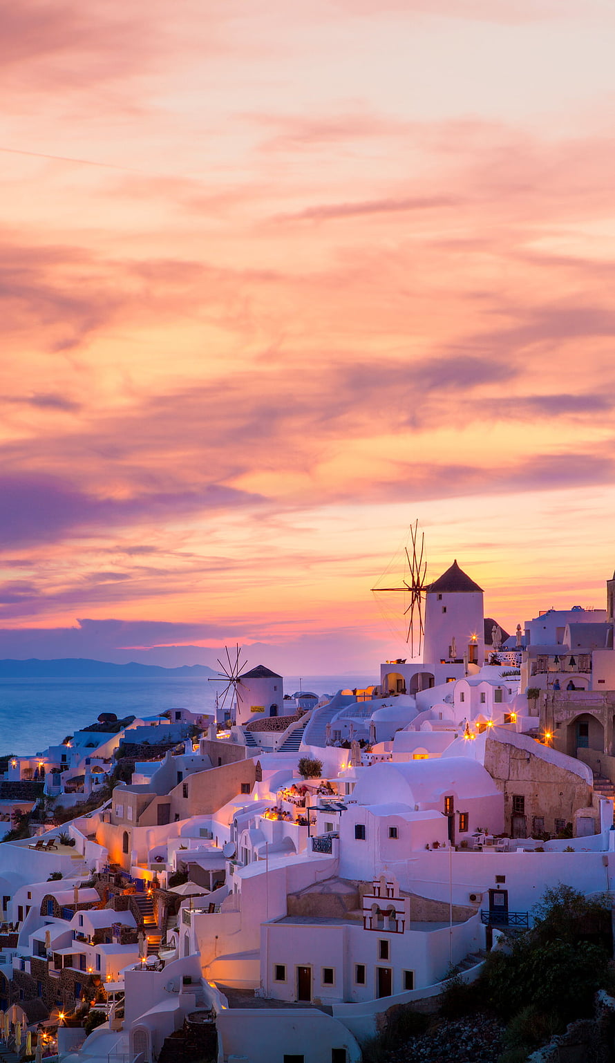 Santorini Sunset View with Traditional Windmills and White Cycladic Architecture HD phone wallpaper