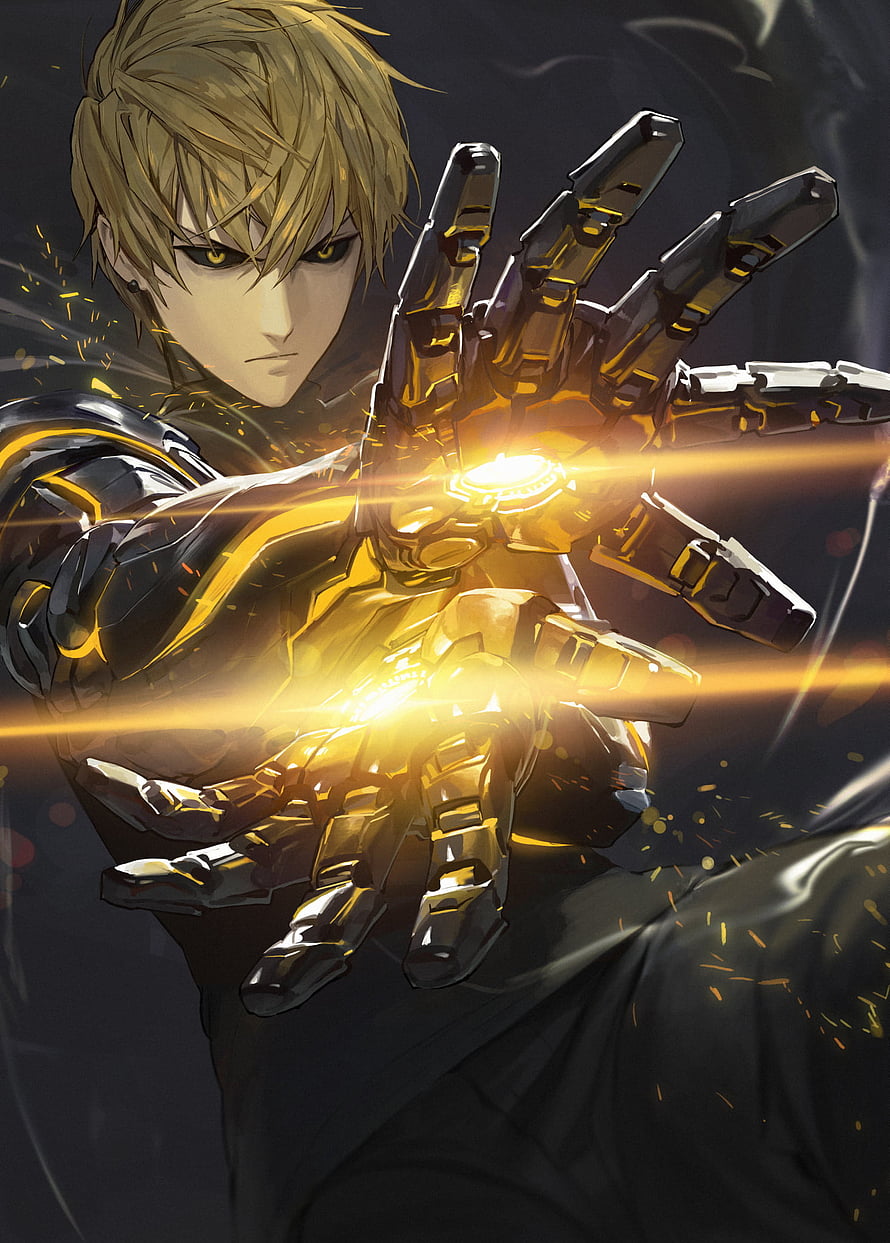 Genos from One Punch Man with glowing golden cybernetic hands and intense yellow eyes, Genos - One Punch Man, Zombieman HD phone wallpaper